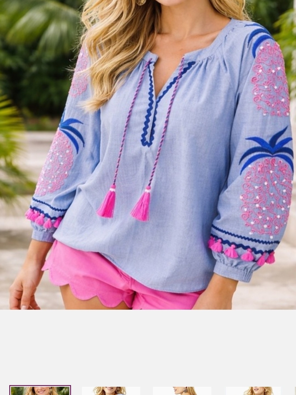 Lilly Pulitzer Haddie Tunic Blue Peasant Blouse with Pink Embroidery